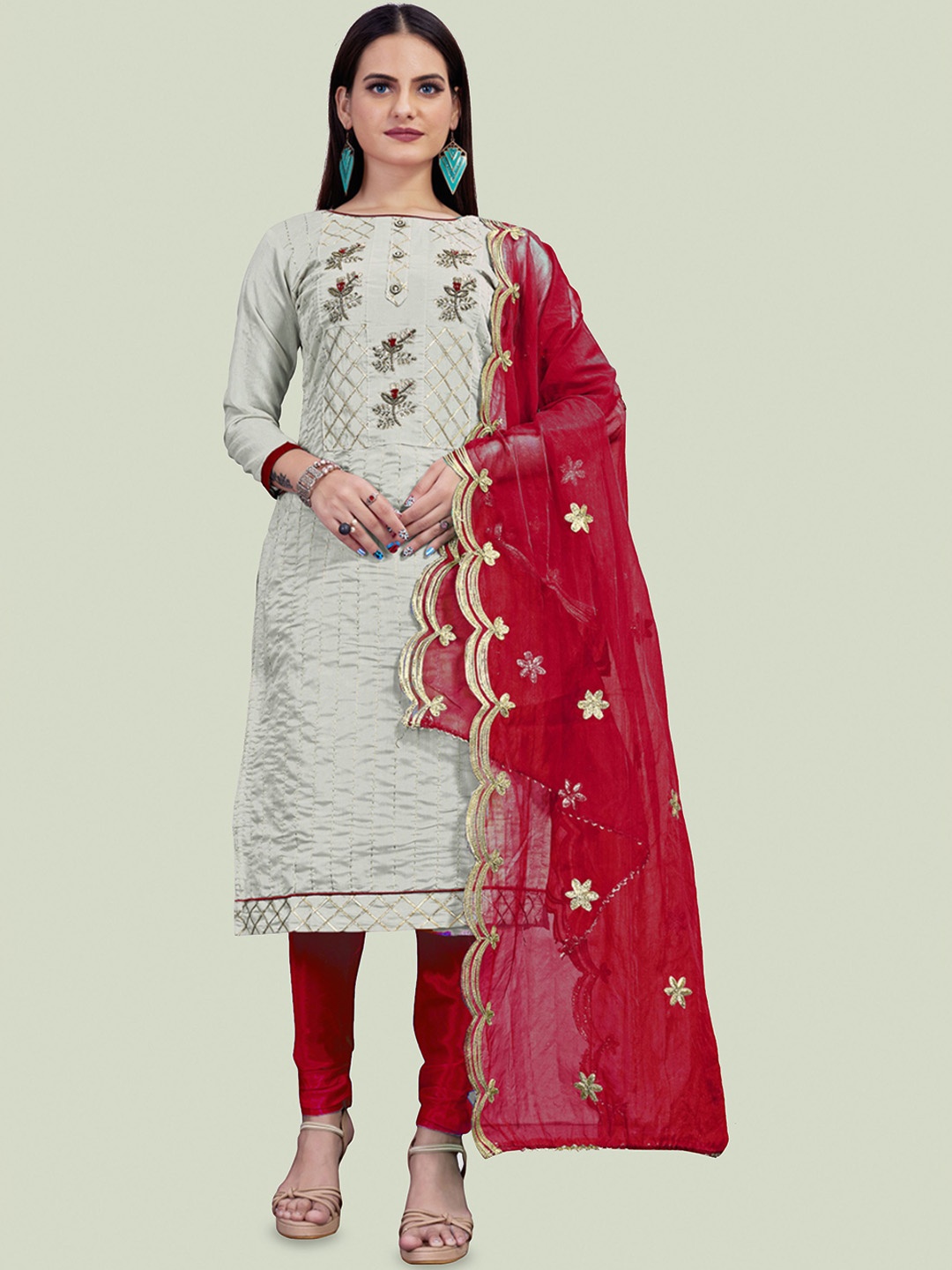 

Maroosh Floral Embroidered Chanderi Unstitched Dress Material, Grey