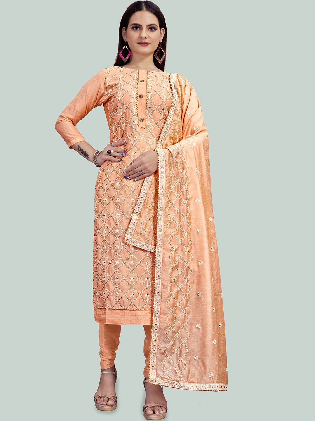 

Maroosh Ethnic Motifs Embroidered Chanderi Unstitched Dress Material, Peach
