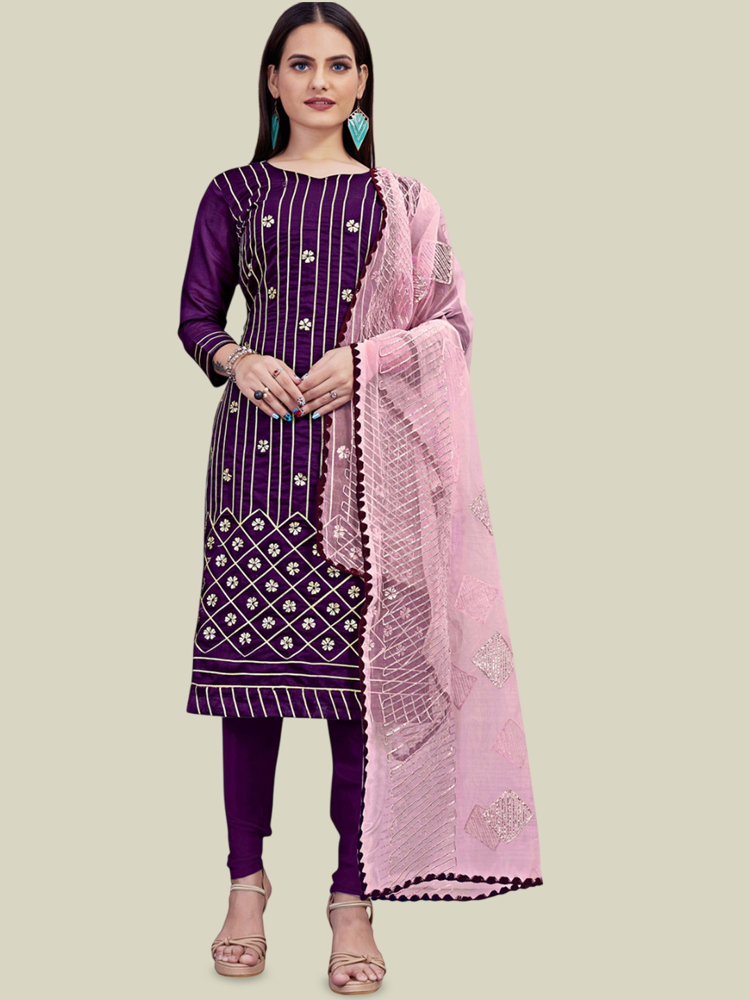 

Maroosh Floral Embroidered Gotta Patti Unstitched Dress Material, Purple