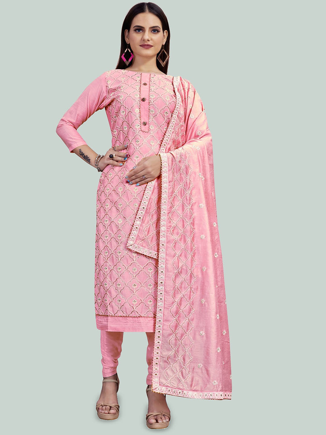 

Maroosh Floral Embroidered Chanderi Unstitched Dress Material, Pink