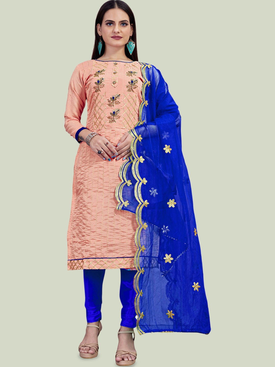 

Maroosh Floral Embroidered Beads Work Unstitched Dress Material, Peach
