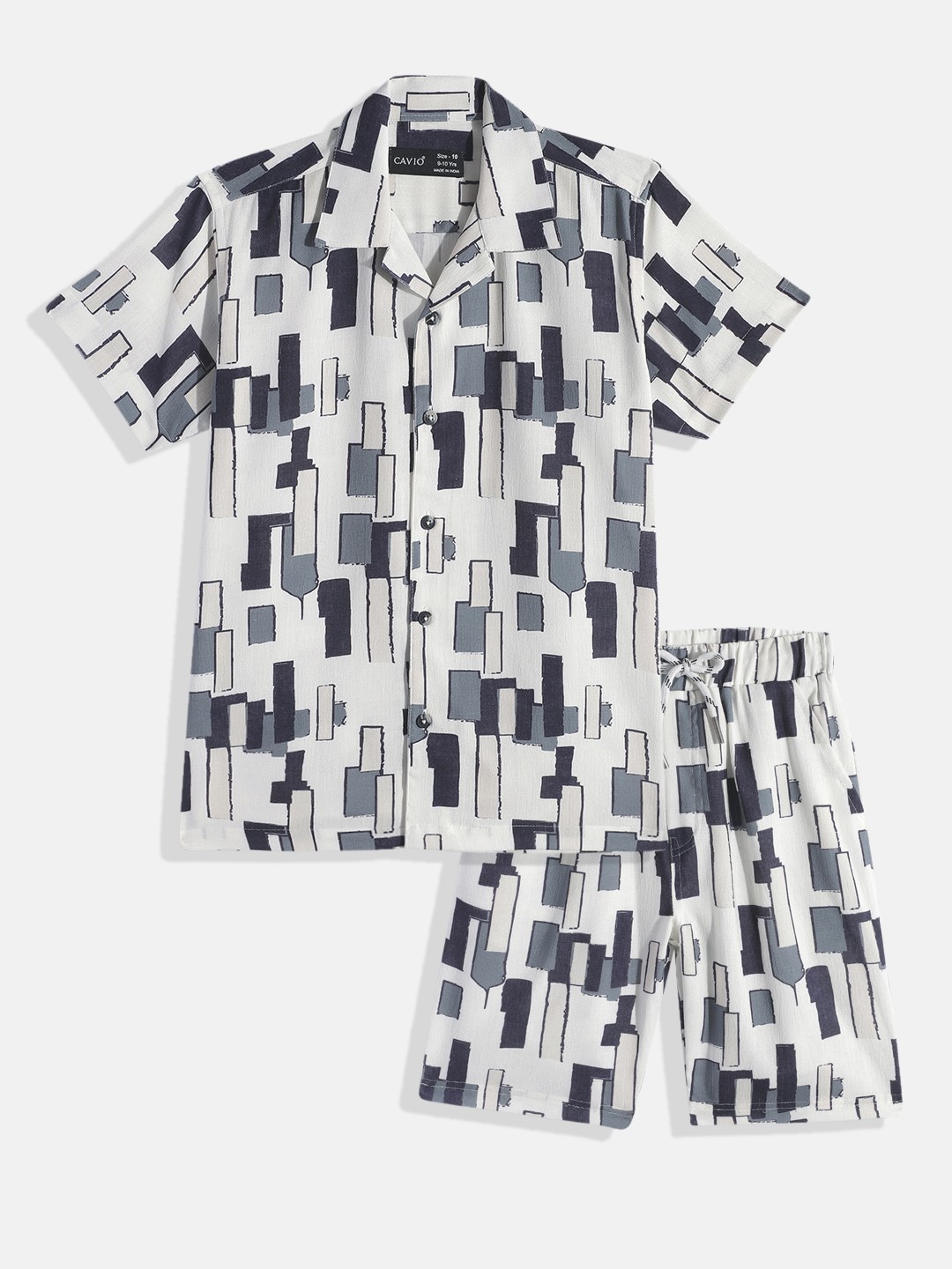 

CAVIO Boys Printed Pure Cotton Shirt with Shorts, Off white