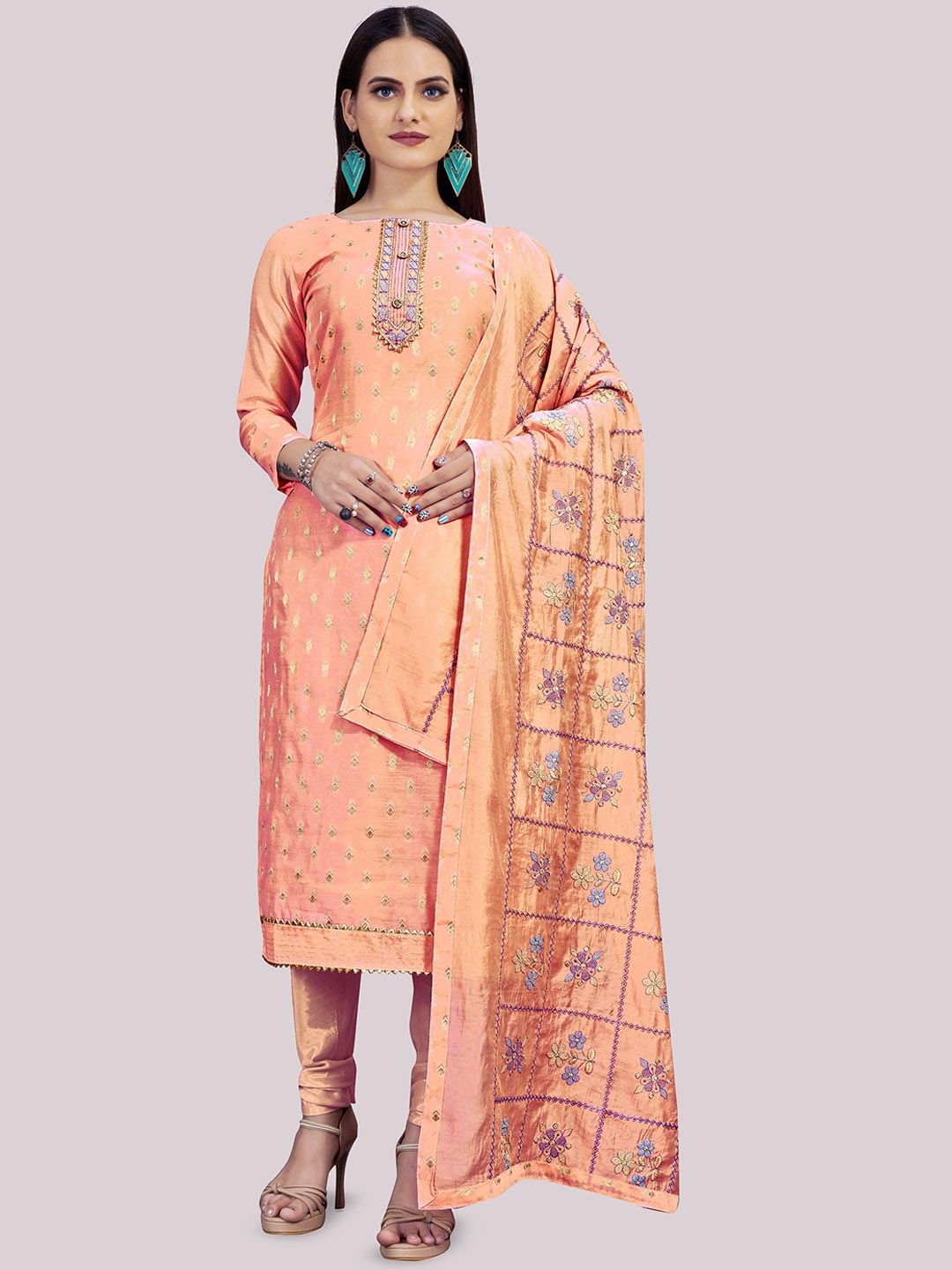 

Maroosh Ethnic Motifs Woven Design Banarasi Jacquard Unstitched Dress Material, Peach