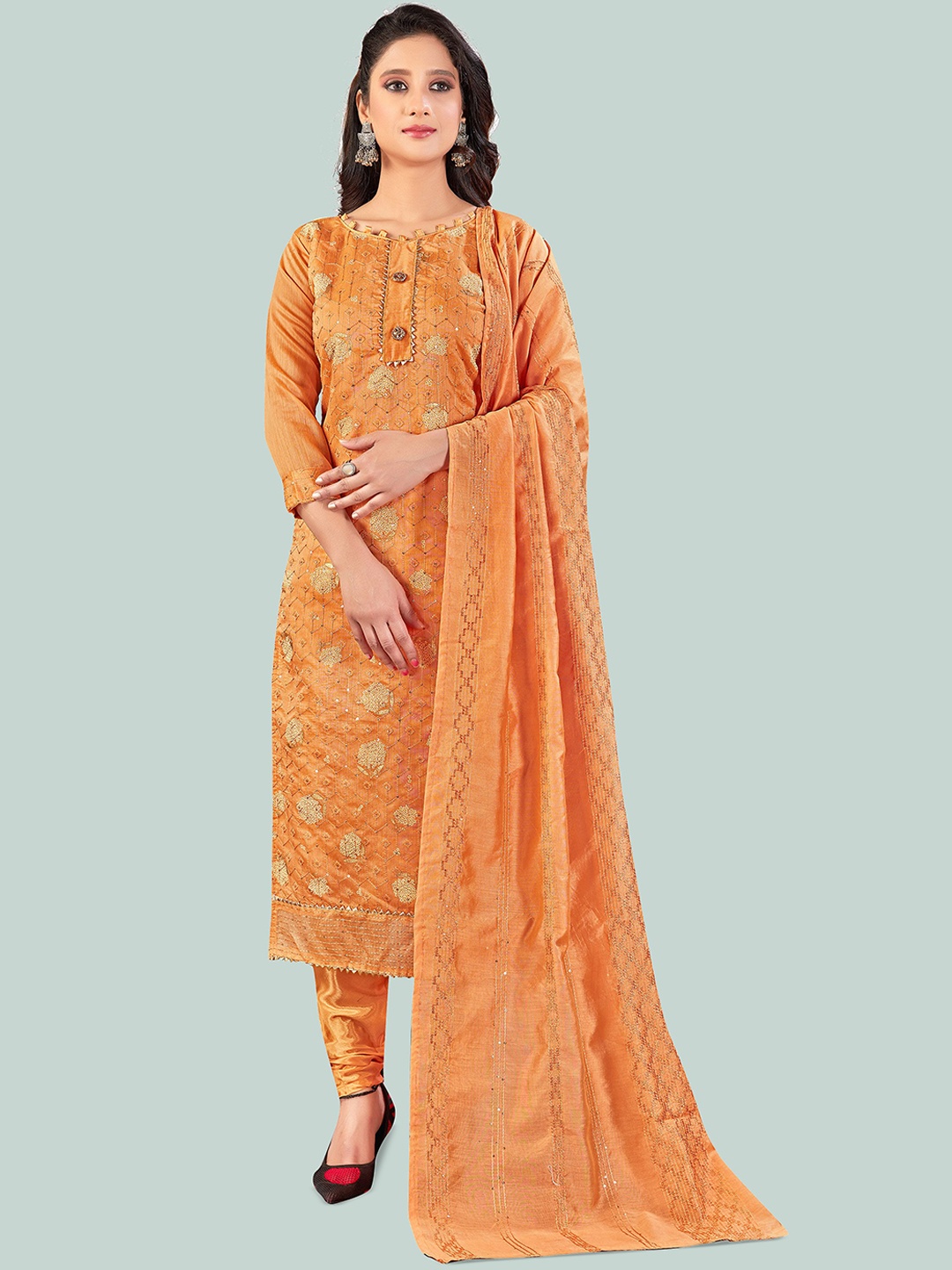 

Maroosh Ethnic Motifs Embroidered Chanderi Unstitched Dress Material, Orange