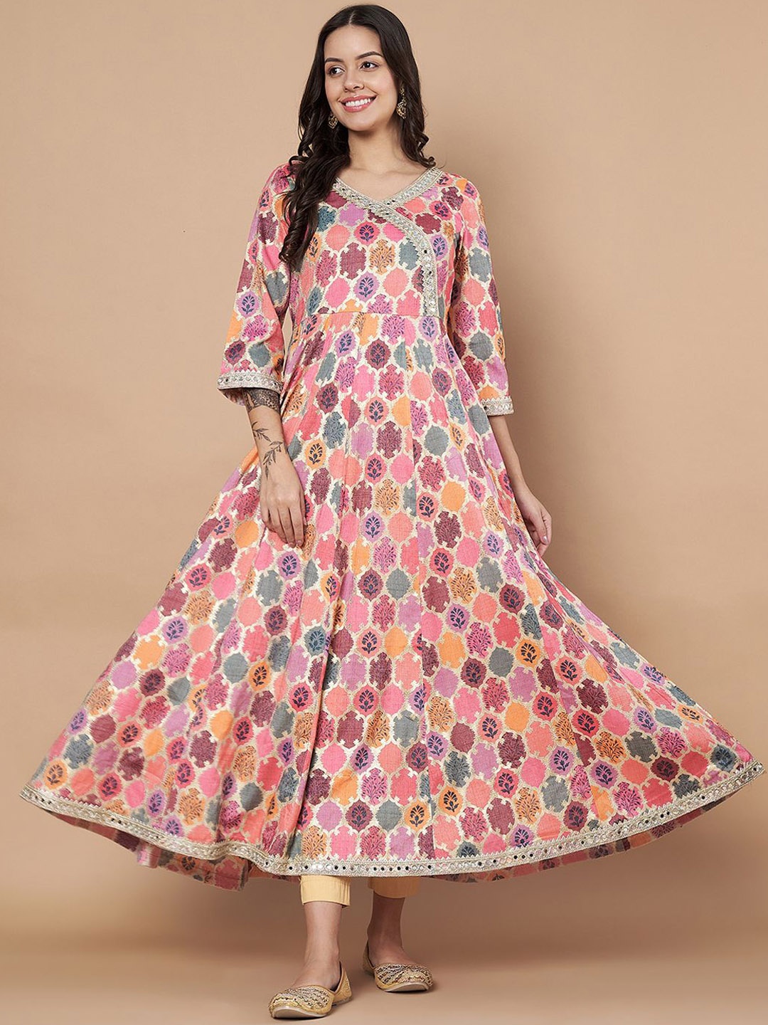 

Poshak Hub Floral Printed V-Neck Mirror Work Anarkali Kurta, Pink