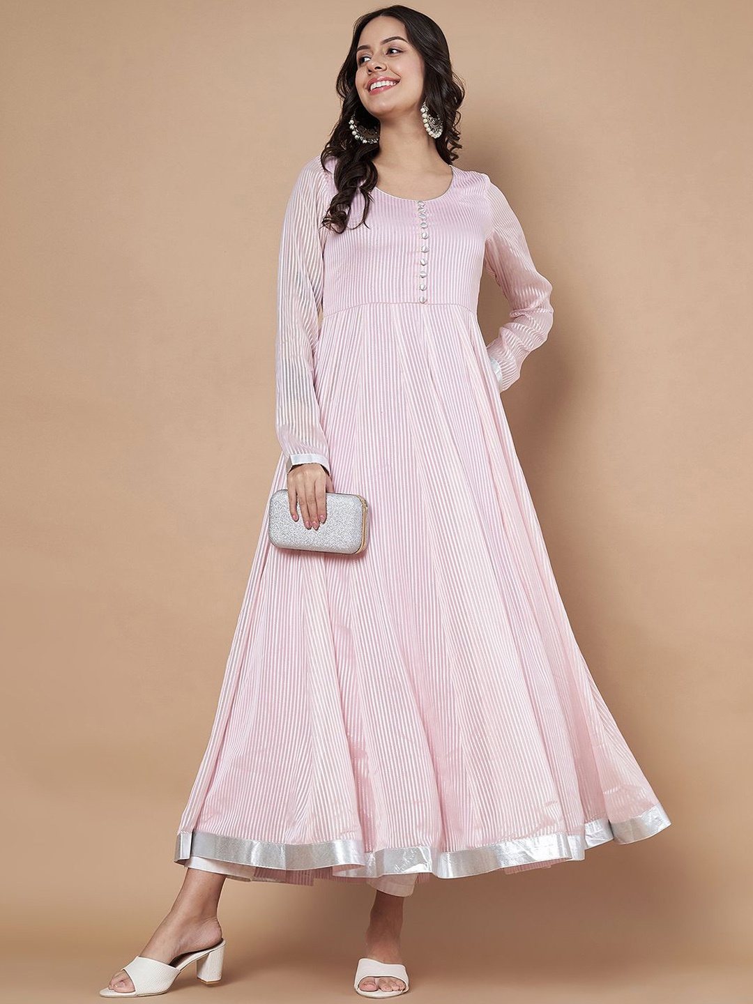 

Poshak Hub Striped Georgette Anarkali Kurta, Pink