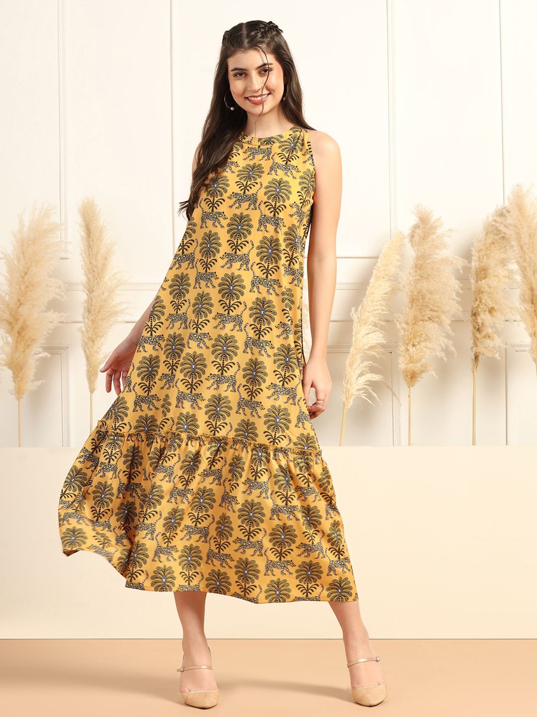 

FASHION DREAM Animal Print Halter Neck A-Line Maxi Dress, Yellow