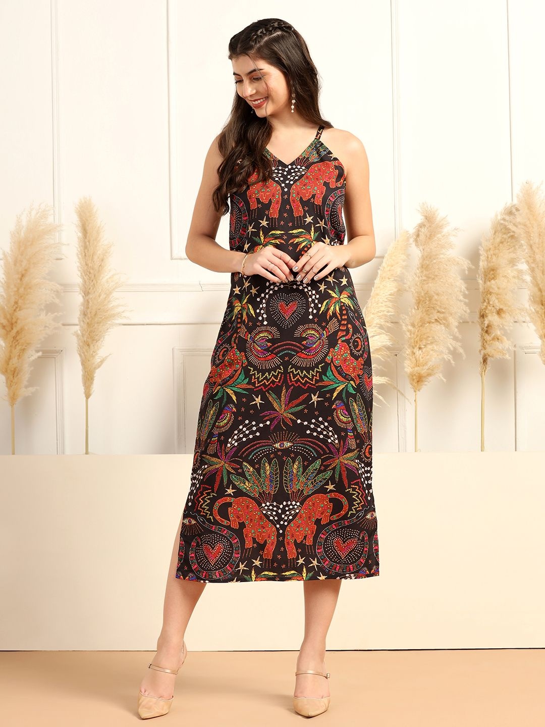

FASHION DREAM Animal Print A-Line Maxi Dress, Black