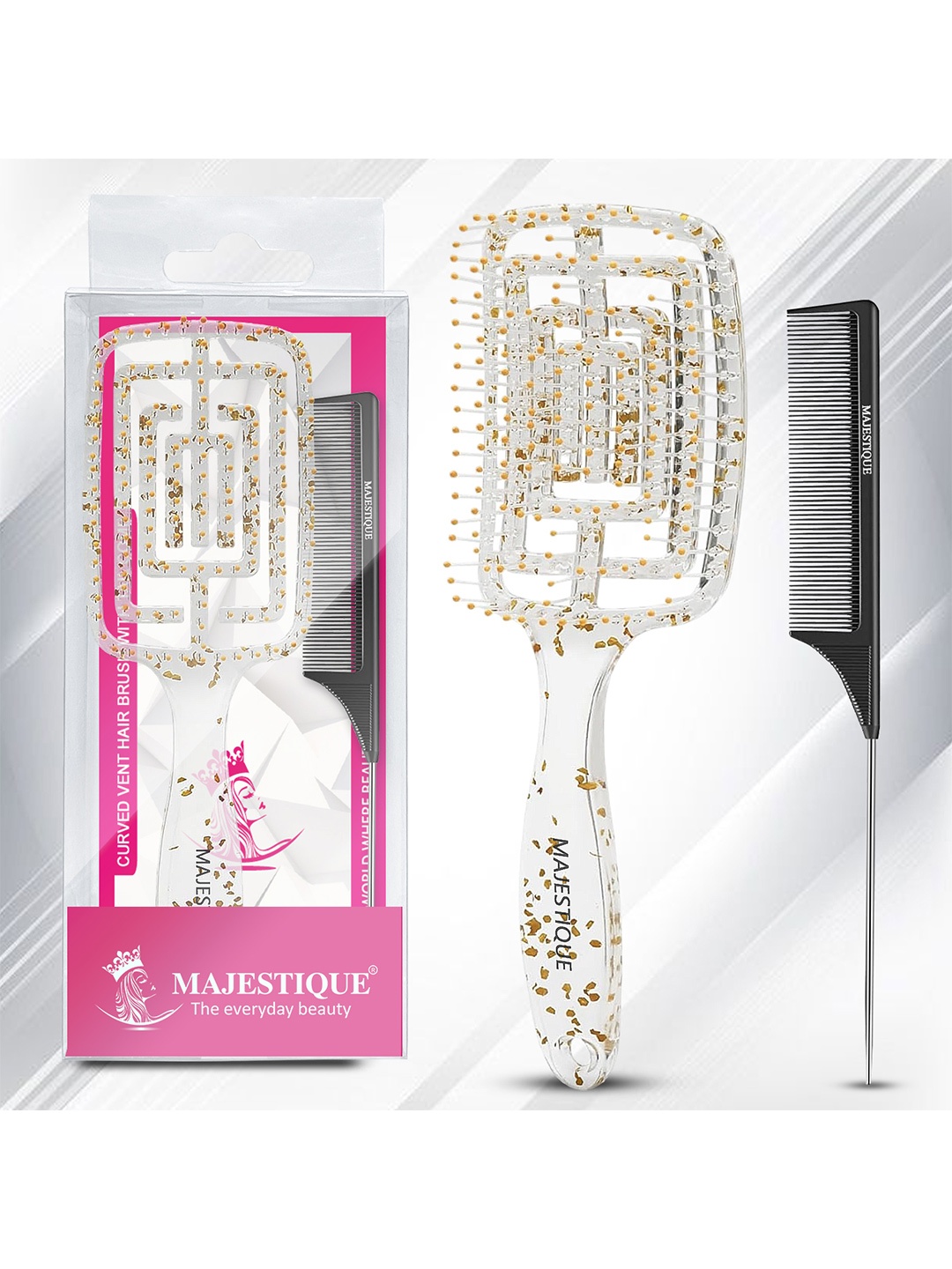 

MAJESTIQUE Set Of 2 Glitter Anti-Breakage Tail & Vent Hair Brush, White