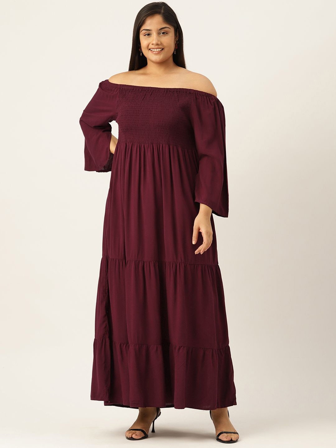 

theRebelinme Off-Shoulder Bell Sleeve A-Line Maxi Dress, Burgundy