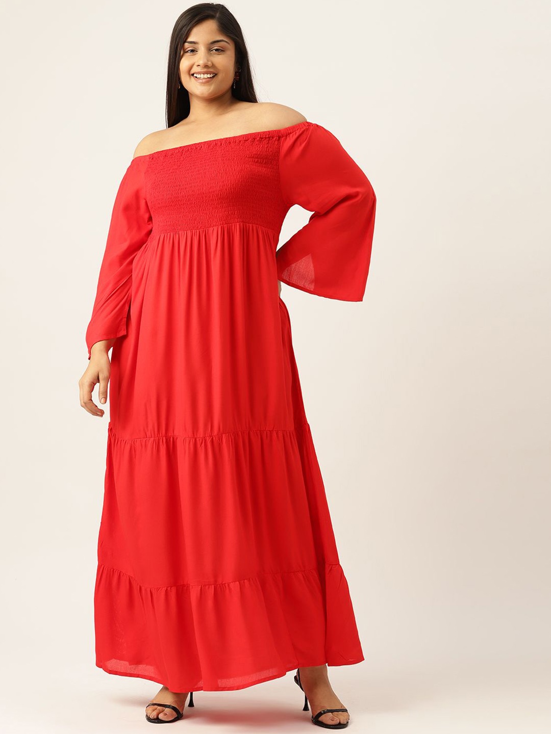 

theRebelinme Off-Shoulder Bell Sleeve A-Line Maxi Dress, Red