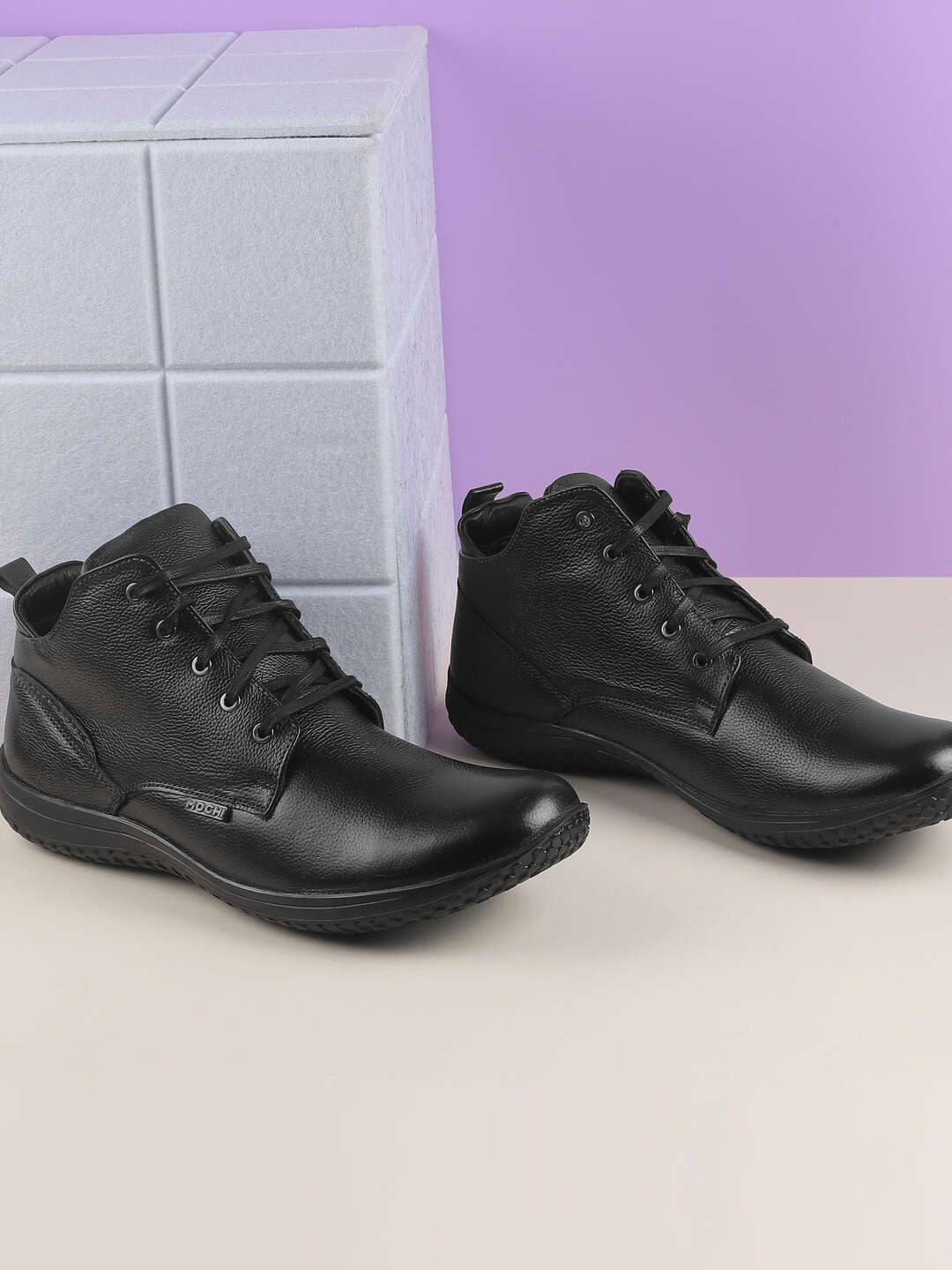 

Mochi Men Leather High-Top Derbys, Black