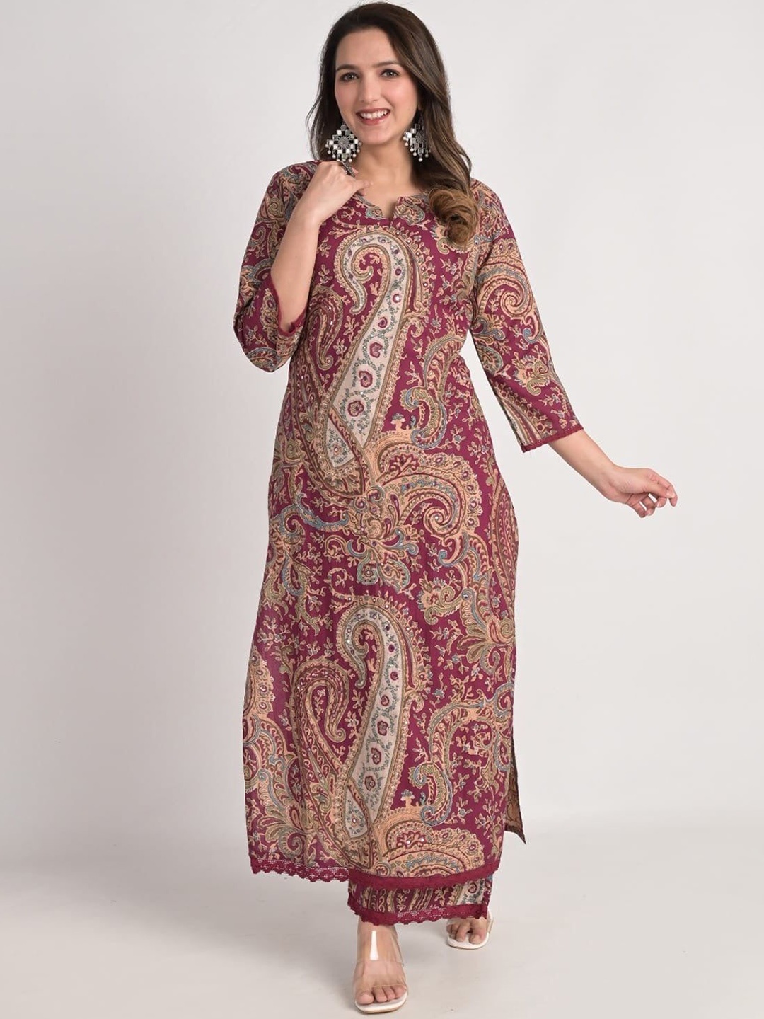 

Fabmoha Paisley Printed Regular Pure Cotton Straight Kurta with Palazzo, Magenta