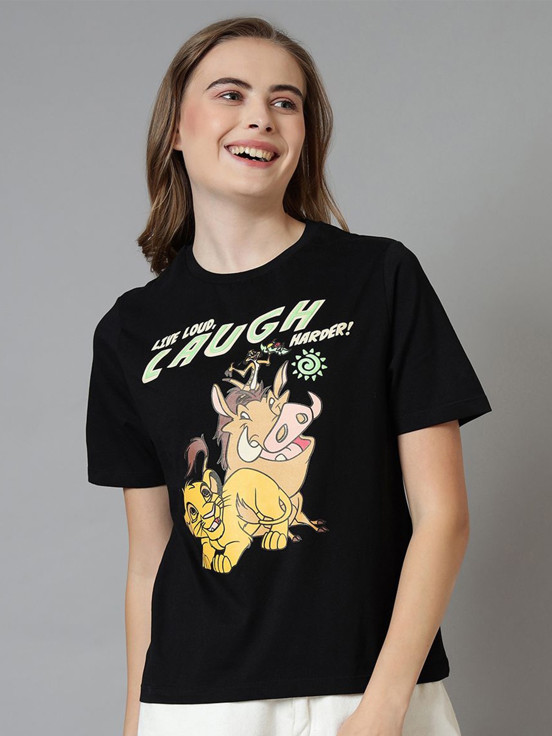 

Free Authority Women Graphic Printed Round Neck Cotton Simba T-shirt, Black