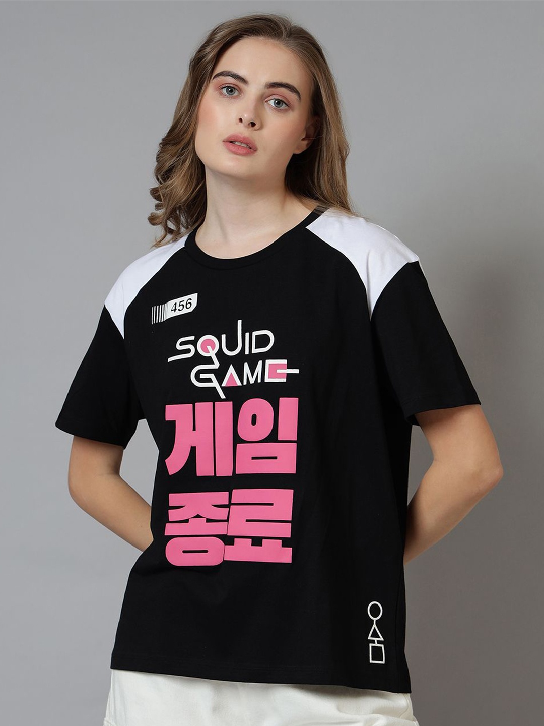 

Free Authority Women Squid Game Printed Round Neck Oversized Cotton T-shirt, Black
