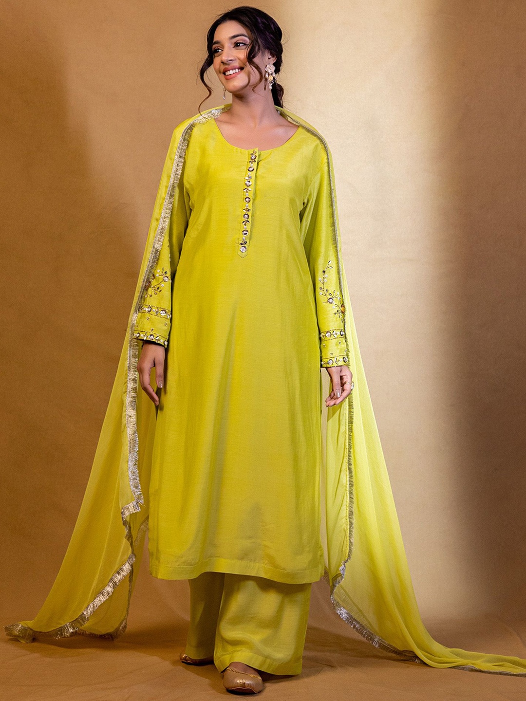 

KASYA Embroidered Sequinned Muslin Straight Kurta With Palazzos & Dupatta, Green