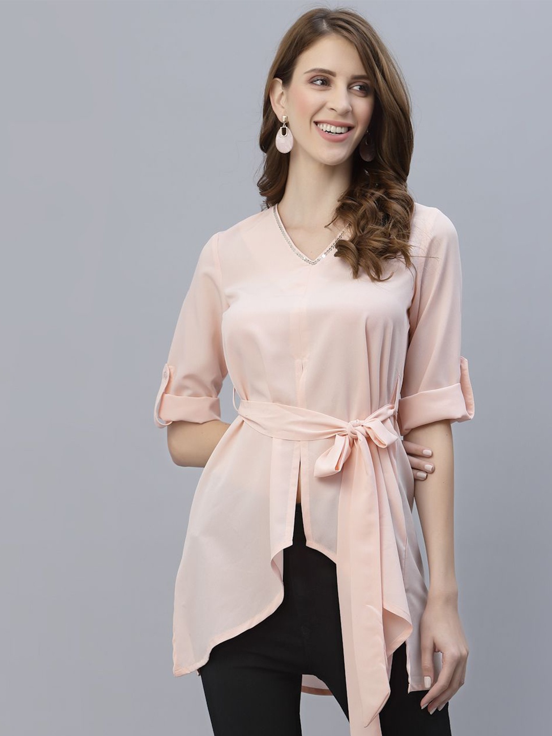 

RAASSIO Roll-Up Sleeves Crepe High-Low Longline Top, Pink