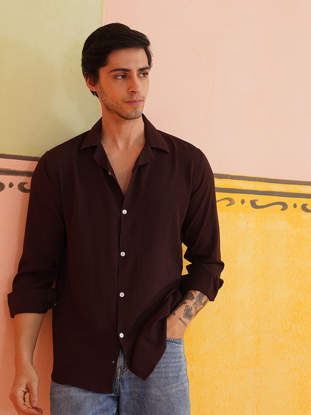 

Indian Needle Men Classic Cuban Collar Solid Cotton Relaxed Fit Casual Shirt, Burgundy