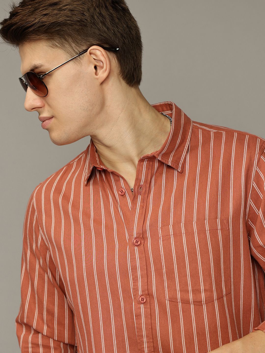 

The Roadster Lifestyle Co. Men Premium Spread Collar Vertical Striped Cotton Casual Shirt, Rust