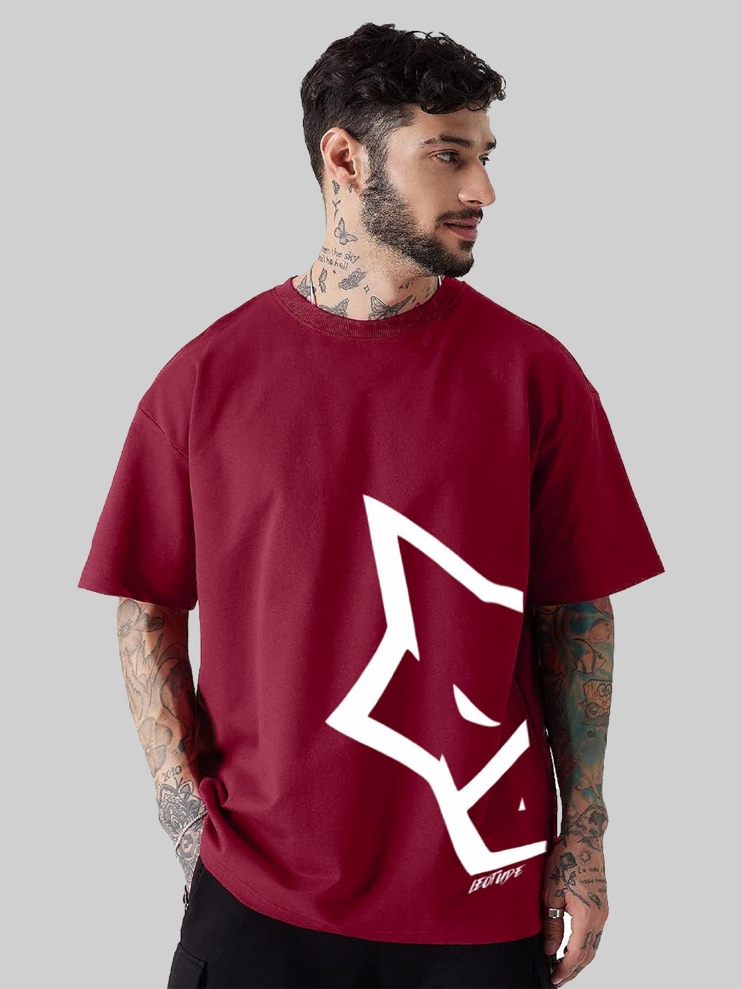 

Leotude Men Graphic Printed Round Neck Cotton Oversized T-shirt, Burgundy