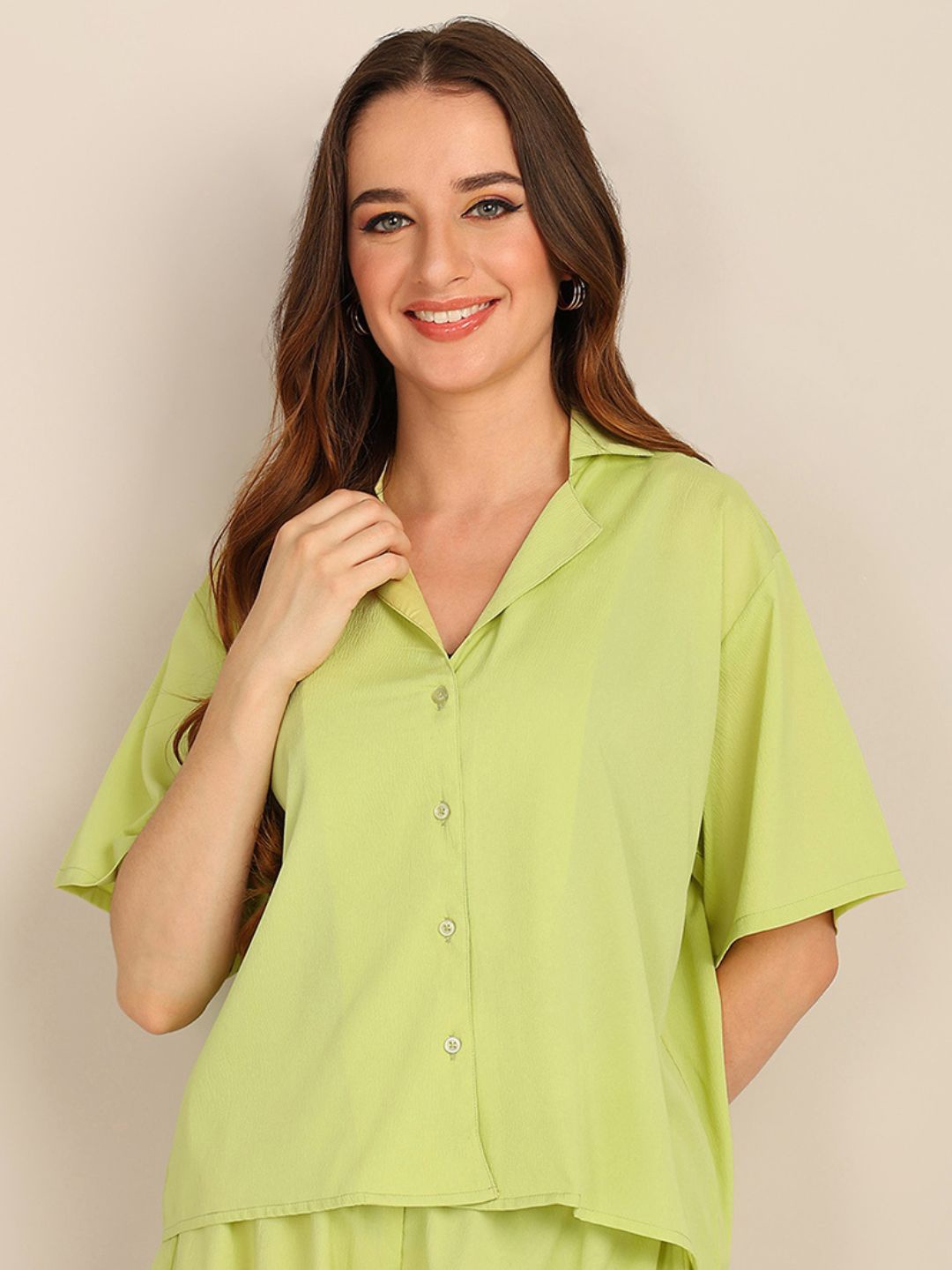 

Fashfun Women Cuban Collar Solid Relaxed Fit Casual Shirt, Green