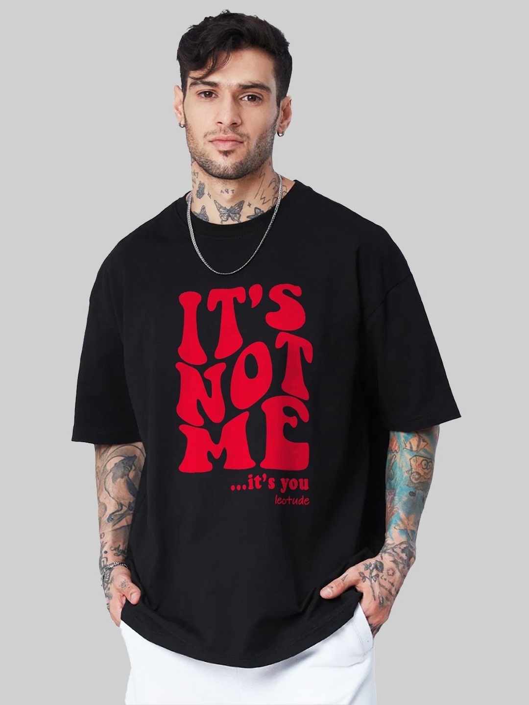 

Leotude Men Typography Printed Round Neck Cotton Relaxed Fit T-shirt, Black