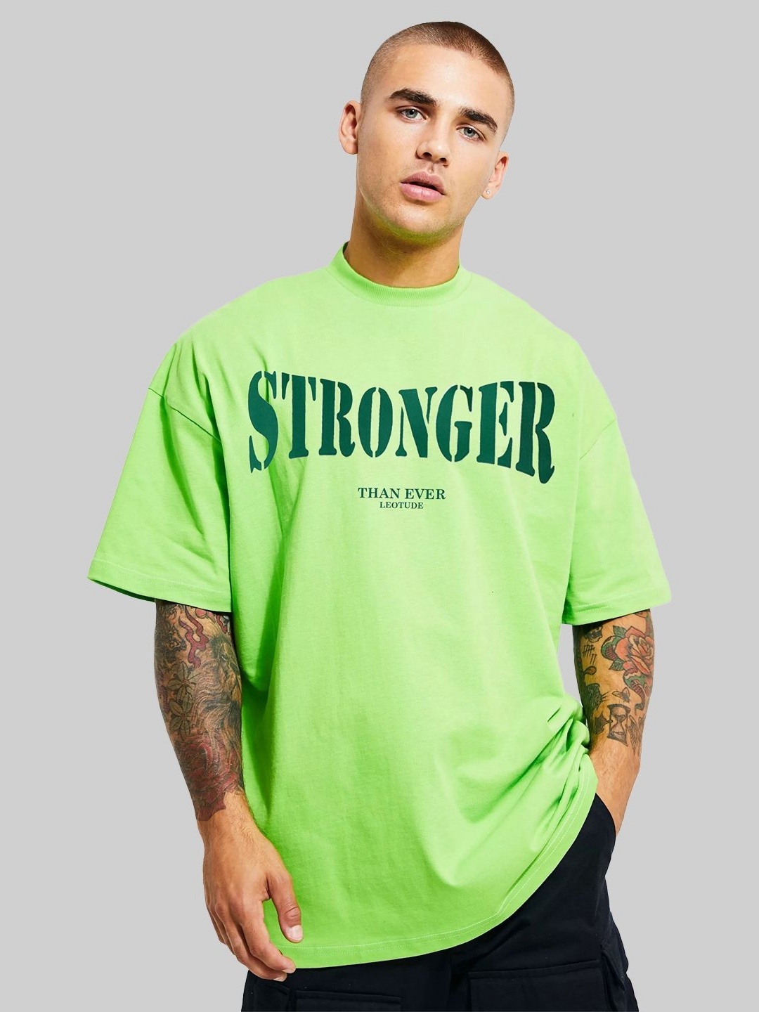

Leotude Men Typography Printed Round Neck Cotton Relaxed Fit T-shirt, Lime green