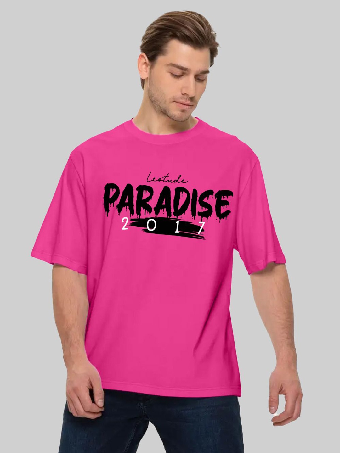 

Leotude Men Typography Printed Round Neck Cotton Relaxed Fit T-shirt, Pink