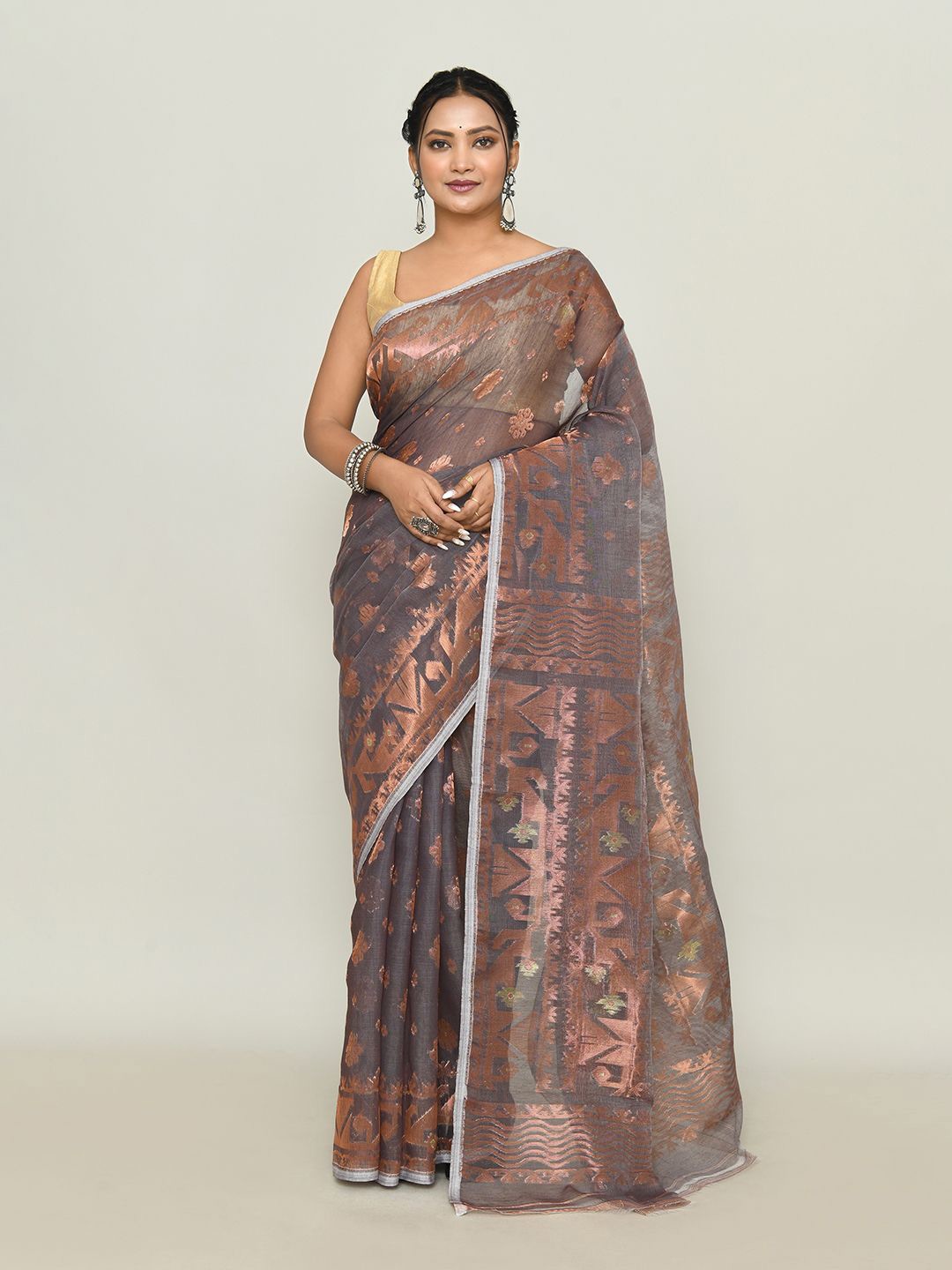 

SPRISH Woven Design Pure Cotton Jamdani Saree, Brown