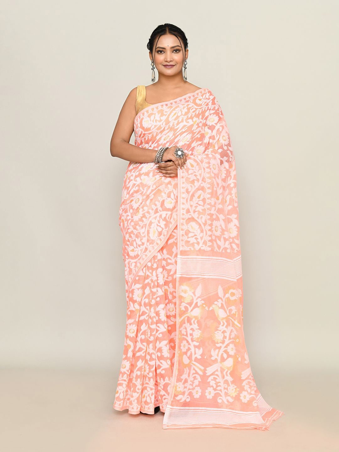 

SPRISH Ethnic Motifs Pure Cotton Jamdani Saree, Orange