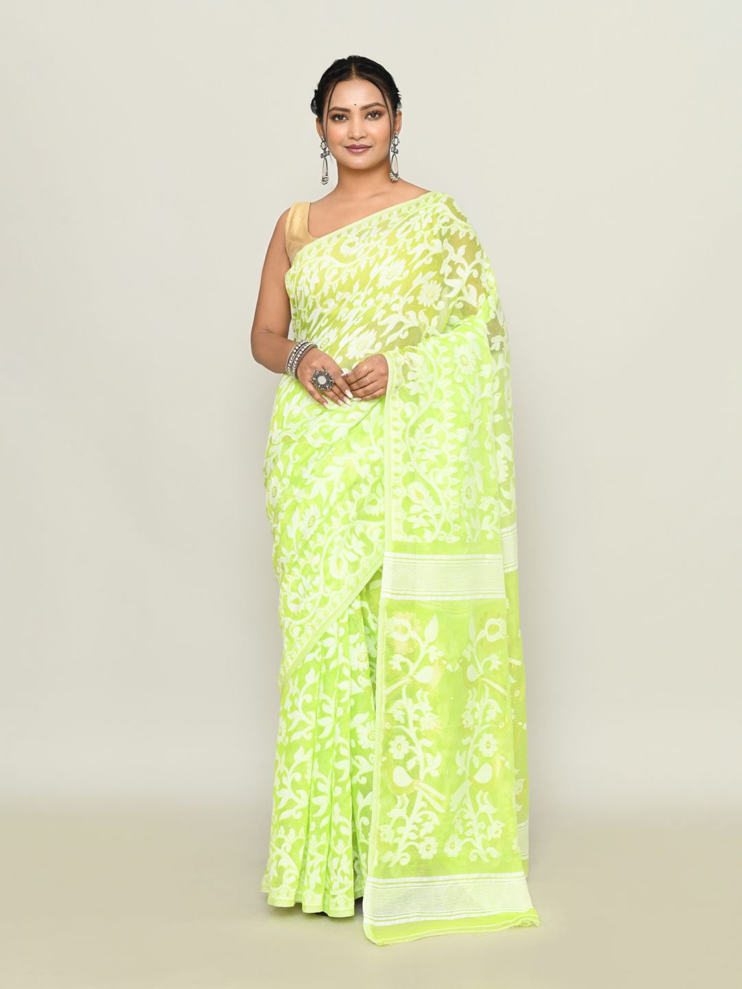 

SPRISH Ethnic Motifs Pure Cotton Jamdani Saree, Lime green