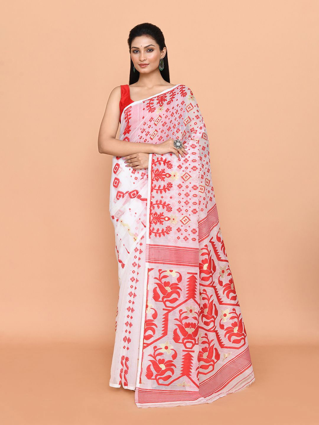 

SPRISH Ethnic Motifs Pure Cotton Jamdani Saree, White