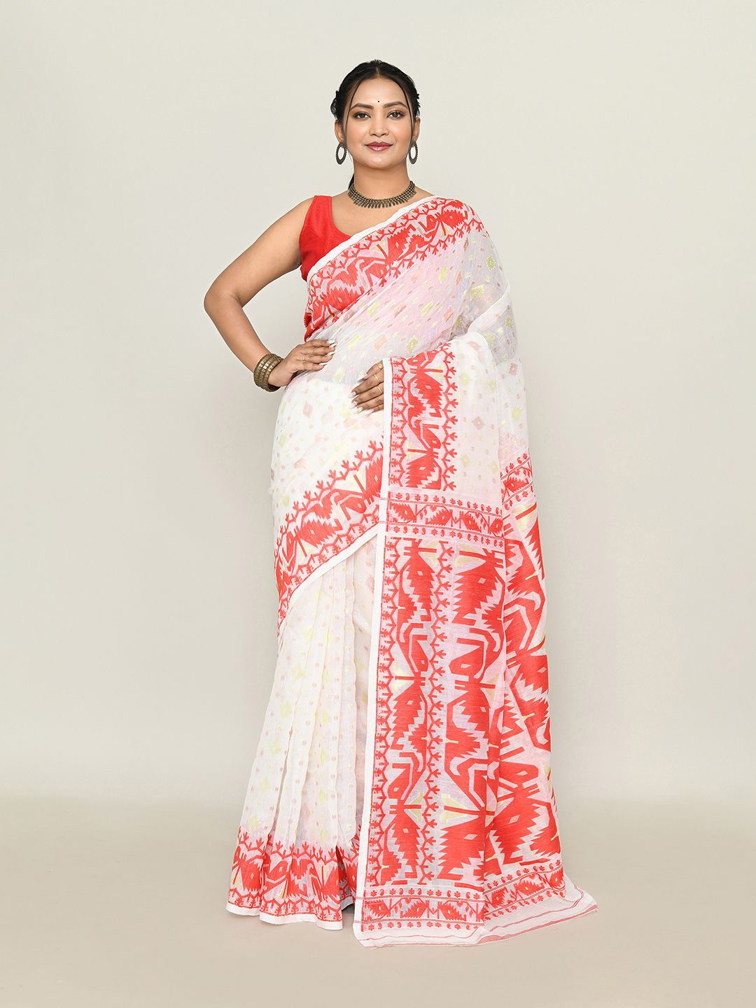 

SPRISH Ethnic Motifs Pure Cotton Jamdani Saree, Red