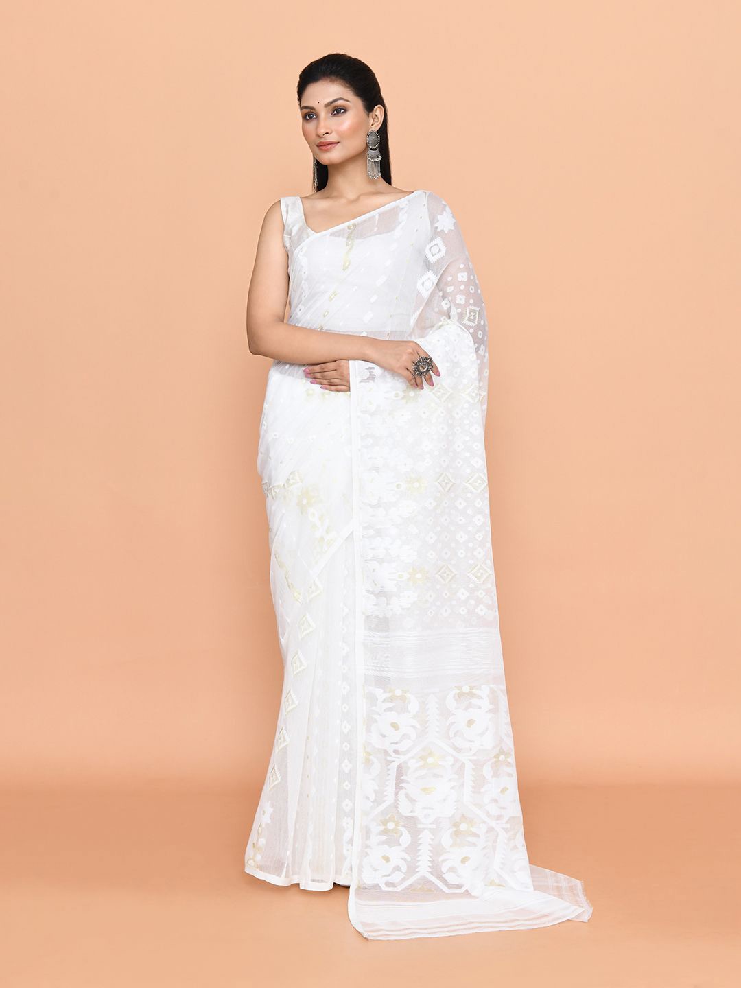 

SPRISH Ethnic Motifs Pure Cotton Handloom Jamdani Saree, White