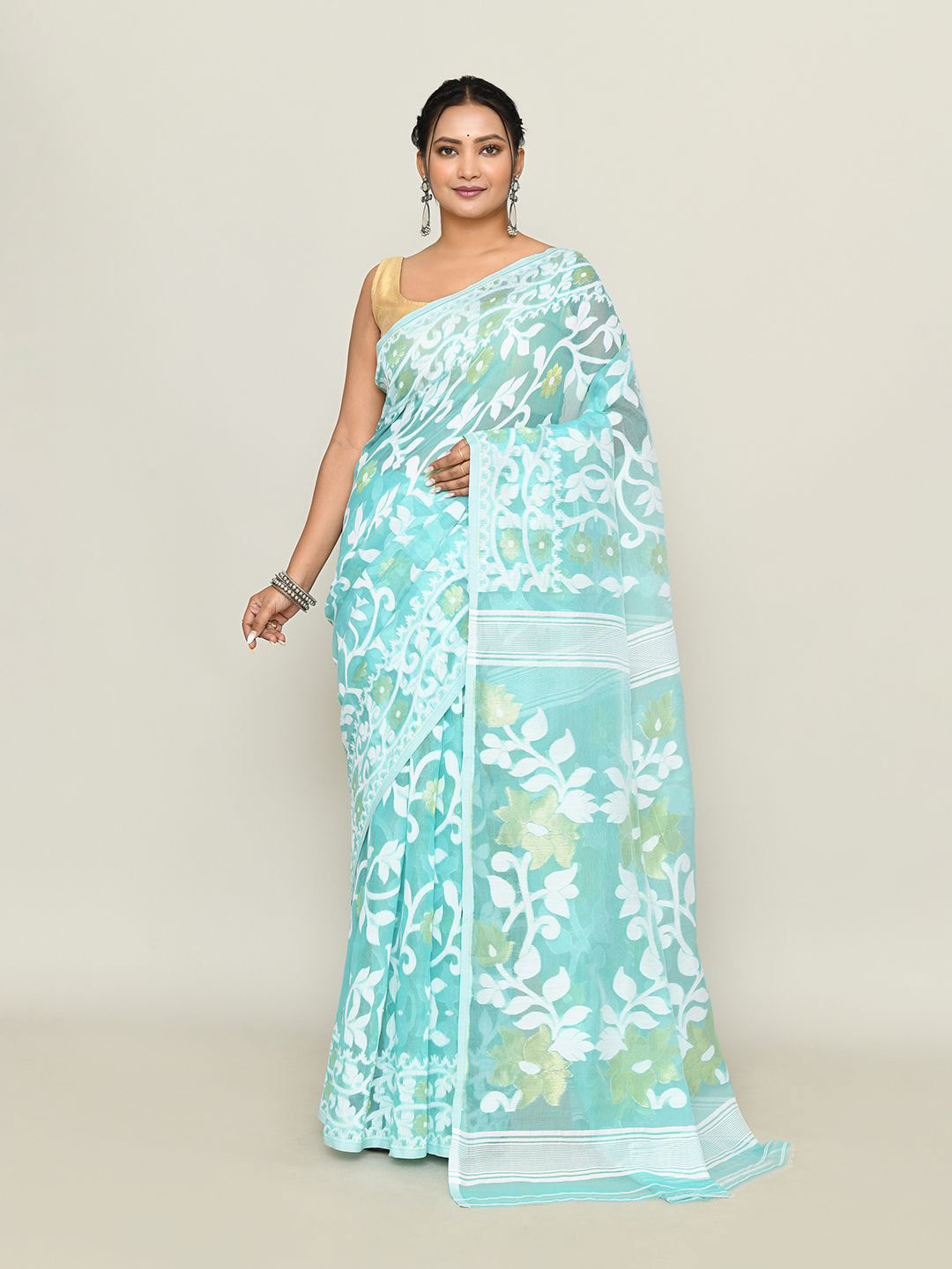 

SPRISH Ethnic Motifs Zari Pure Cotton Jamdani Saree, Blue
