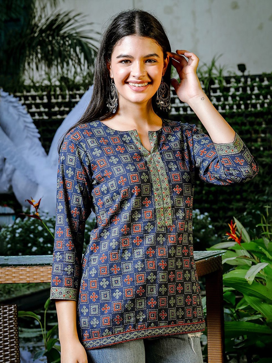 

Yufta Geometric Print Cotton Top, Blue
