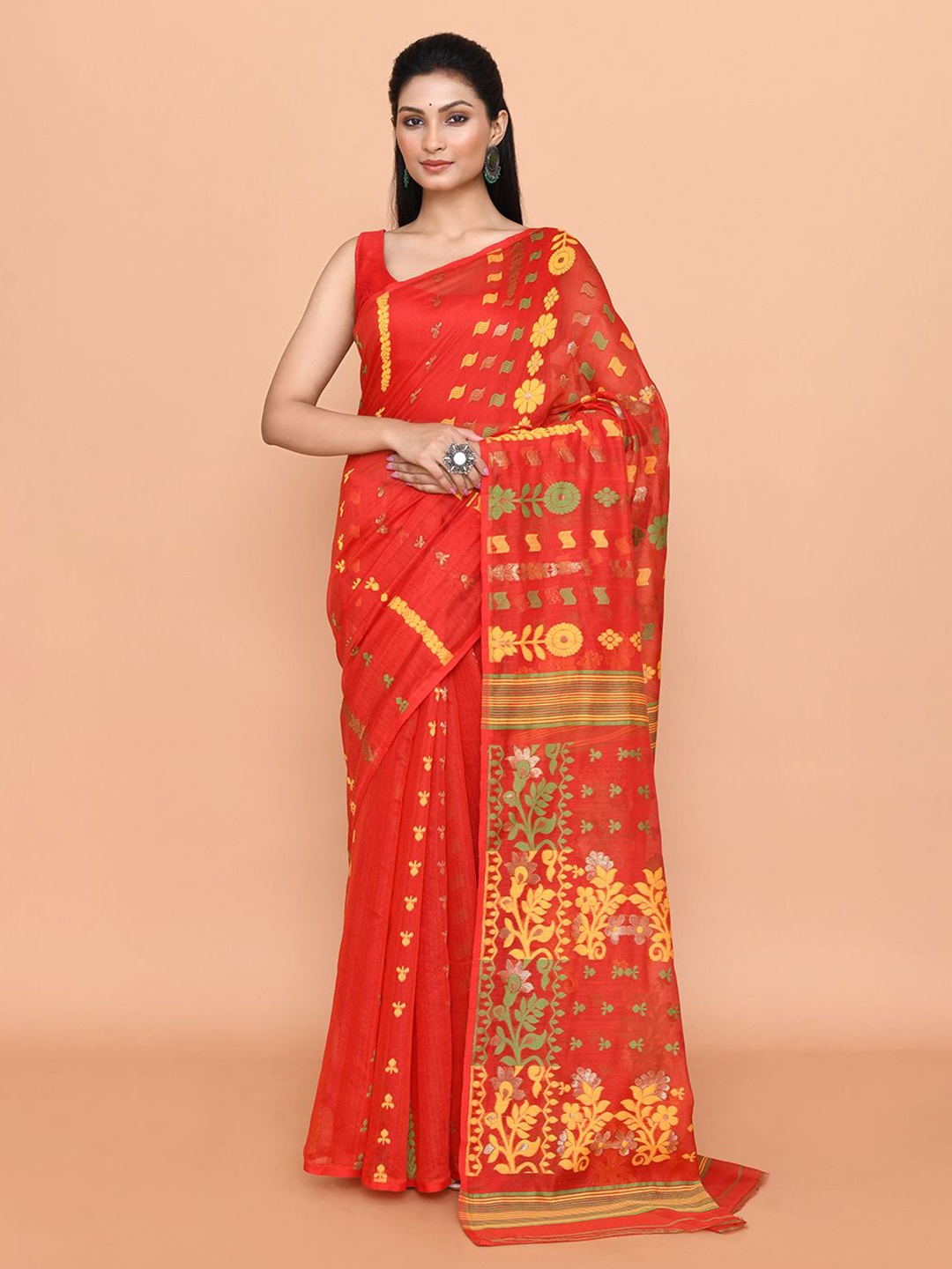 

SPRISH Ethnic Motifs Pure Cotton Jamdani Saree, Orange