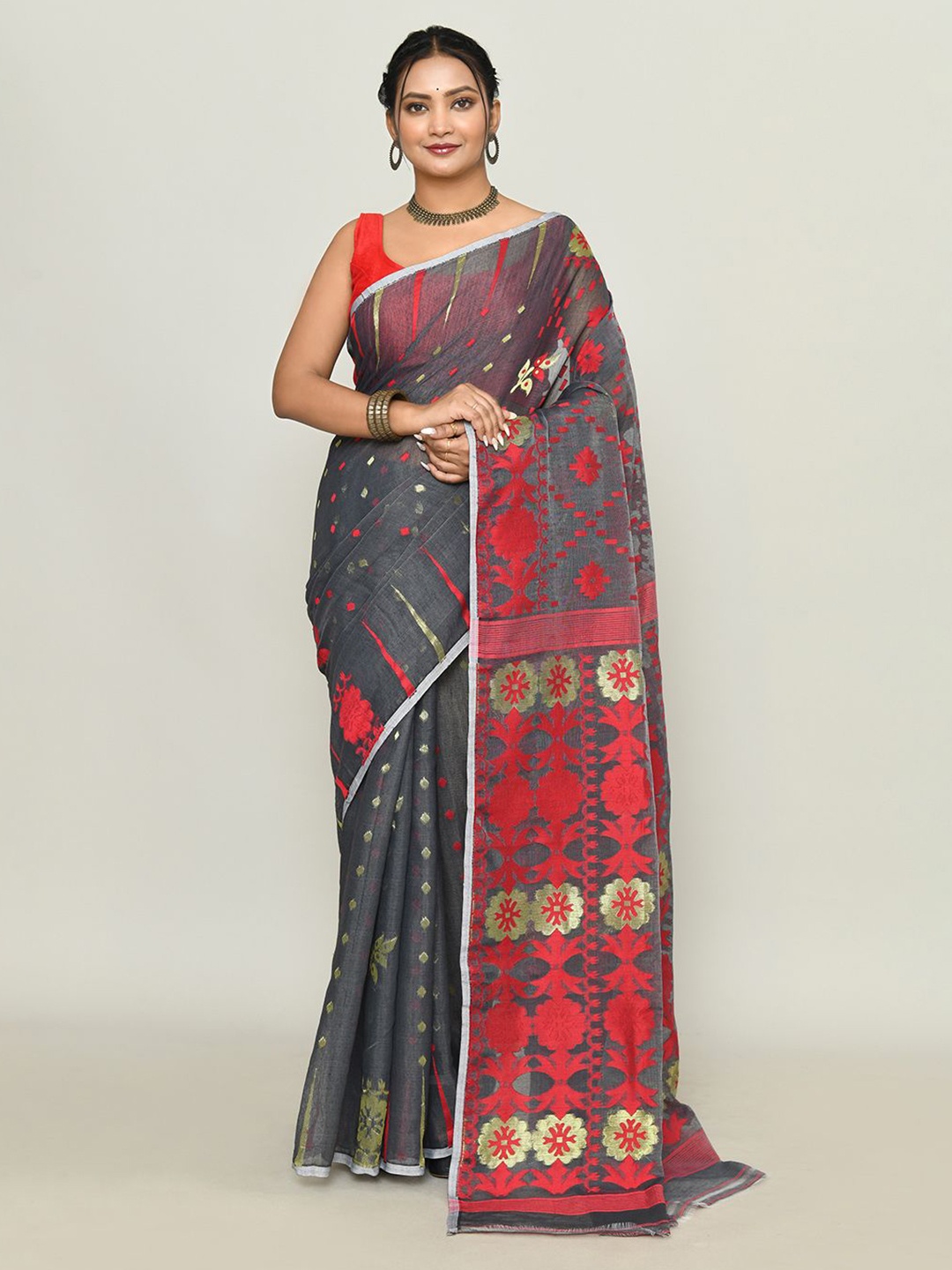 

SPRISH Ethnic Motifs Pure Cotton Jamdani Saree, Red