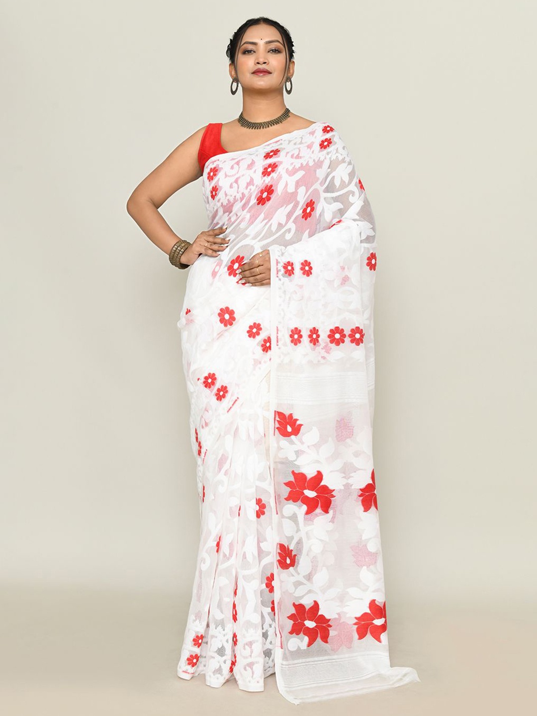 

SPRISH Floral Pure Cotton Jamdani Saree, White