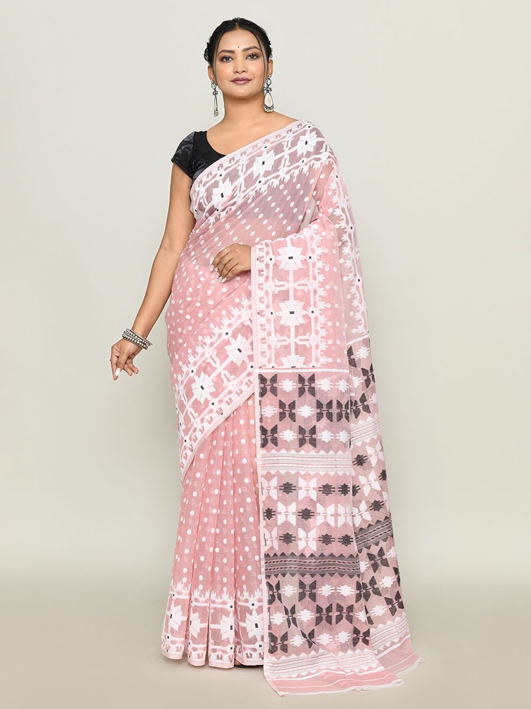 

SPRISH Ethnic Motifs Pure Cotton Jamdani Saree, Pink