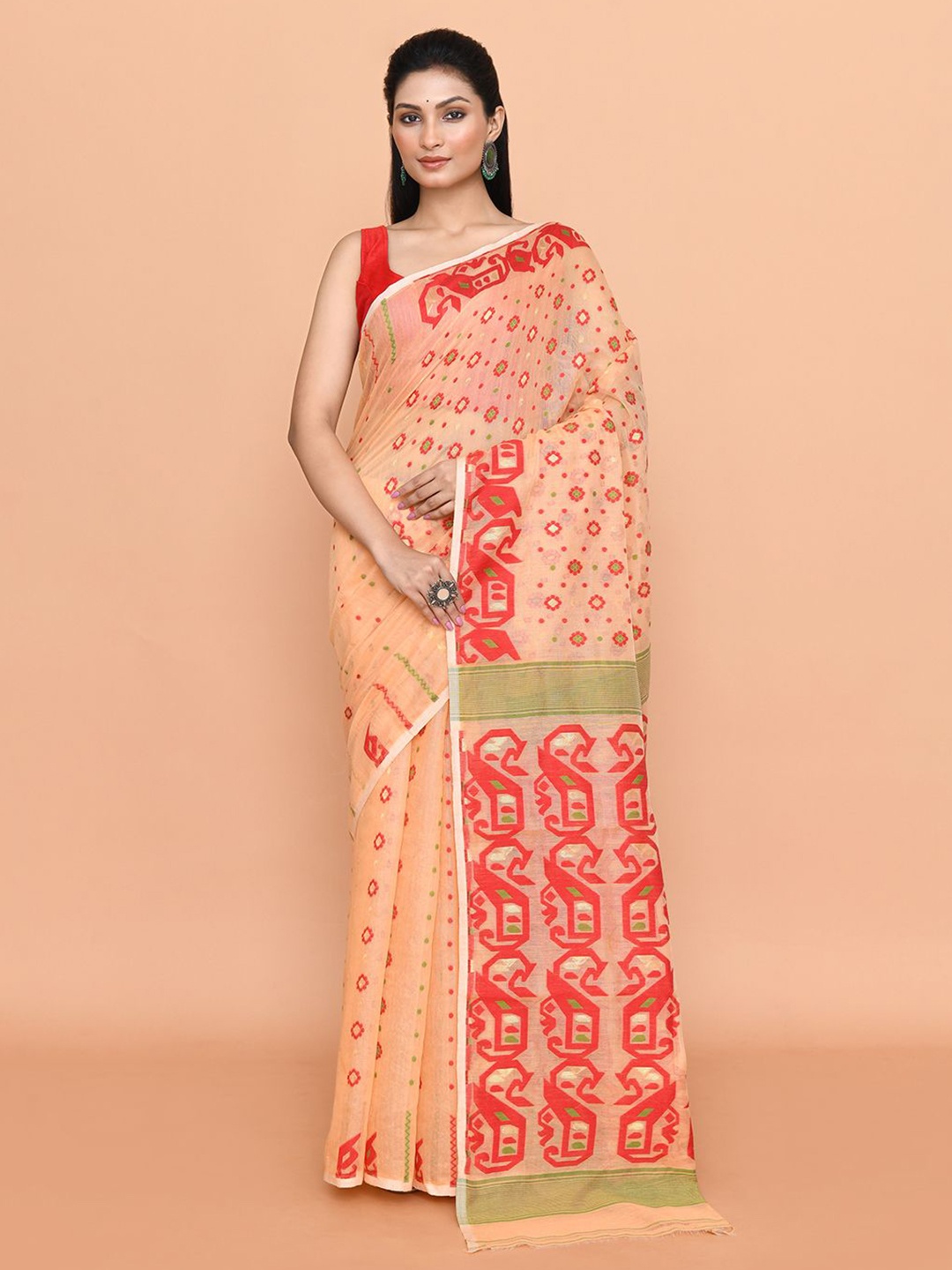 

SPRISH Ethnic Motifs Pure Cotton Jamdani Saree, Orange