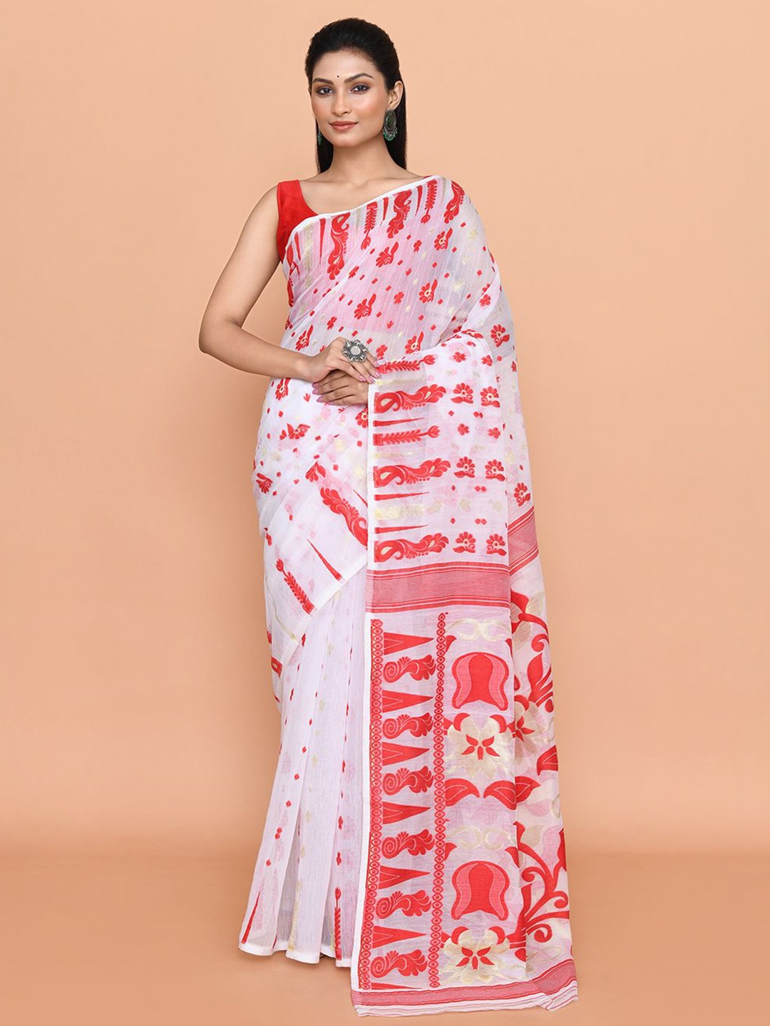 

SPRISH Ethnic Motifs Pure Cotton Jamdani Saree, White