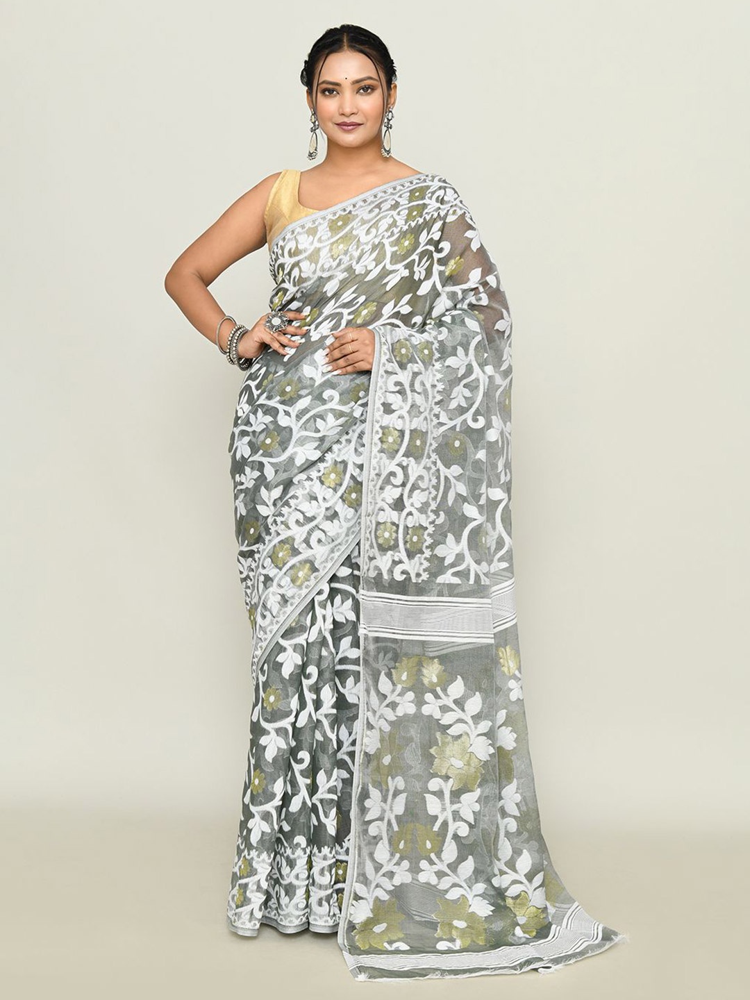 

SPRISH Ethnic Motifs Zari Pure Cotton Jamdani Saree, Grey melange