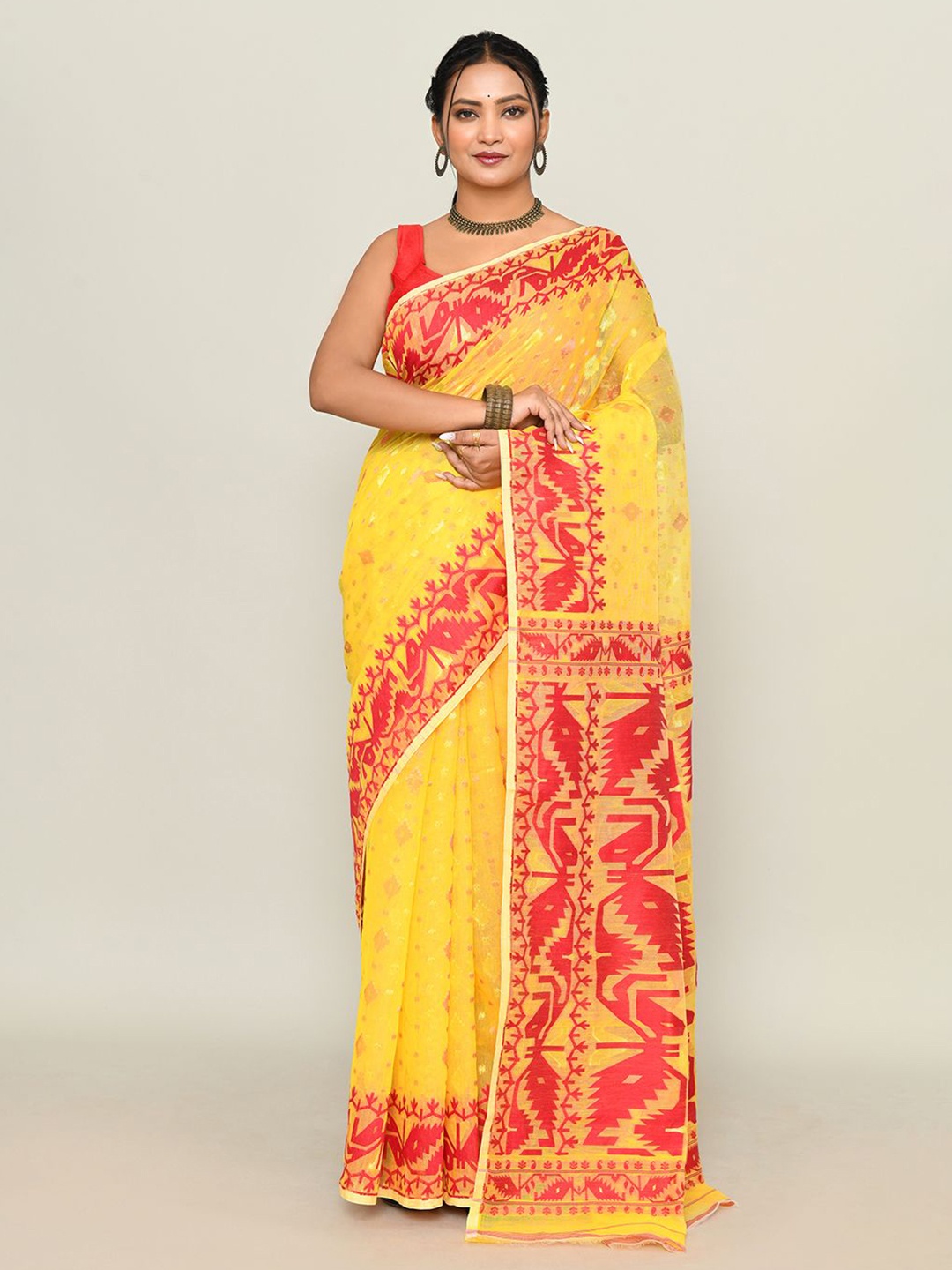 

SPRISH Ethnic Motifs Zari Pure Cotton Jamdani Saree, Orange