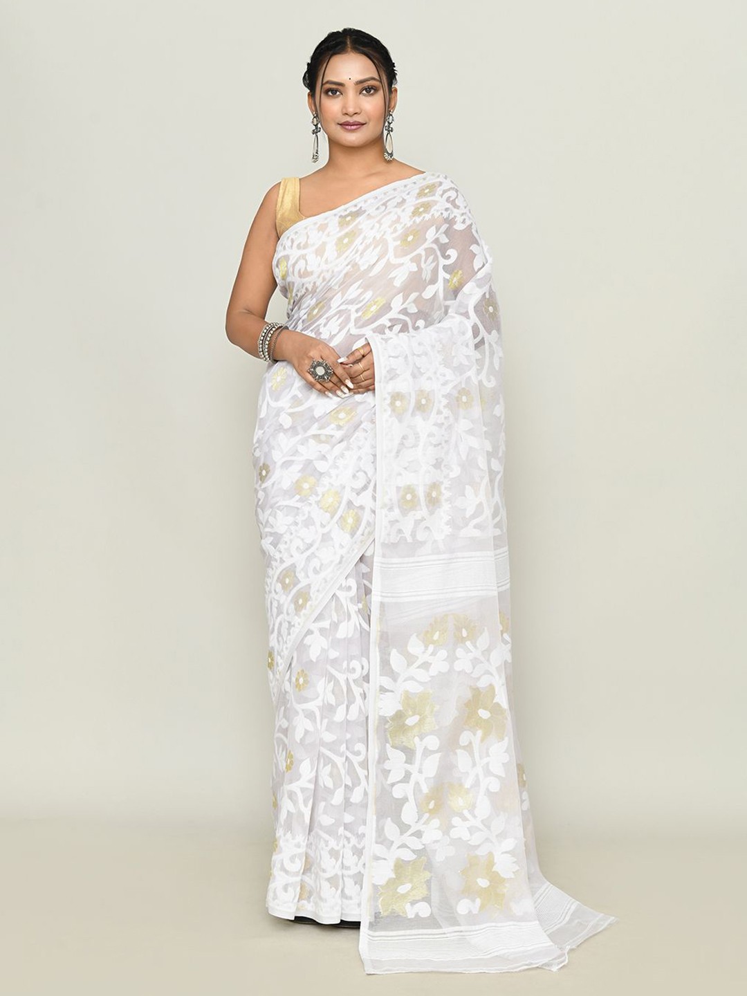 

SPRISH Ethnic Motifs Pure Cotton Jamdani Saree, White