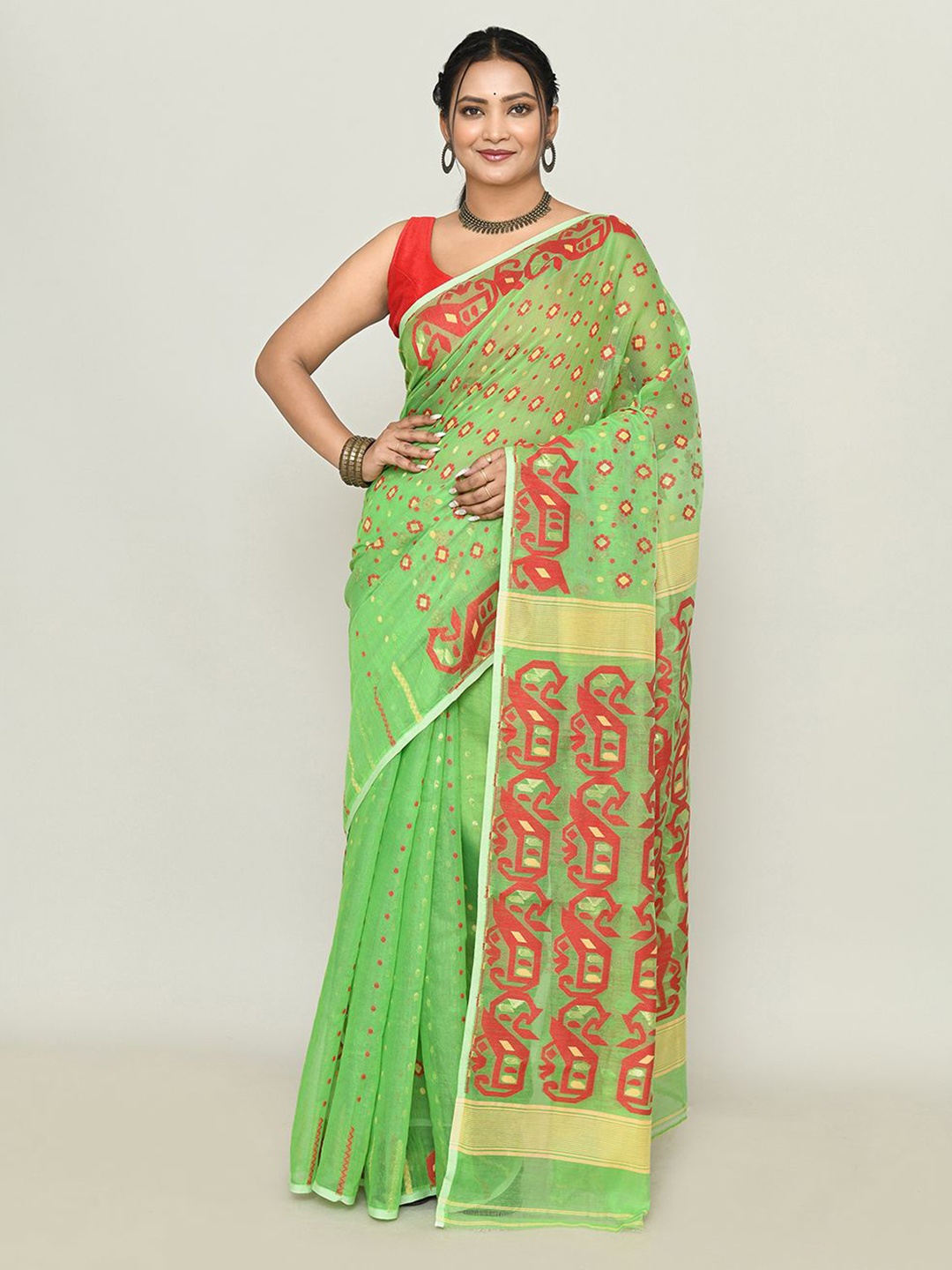 

SPRISH Ethnic Motifs Pure Cotton Jamdani Saree, Red