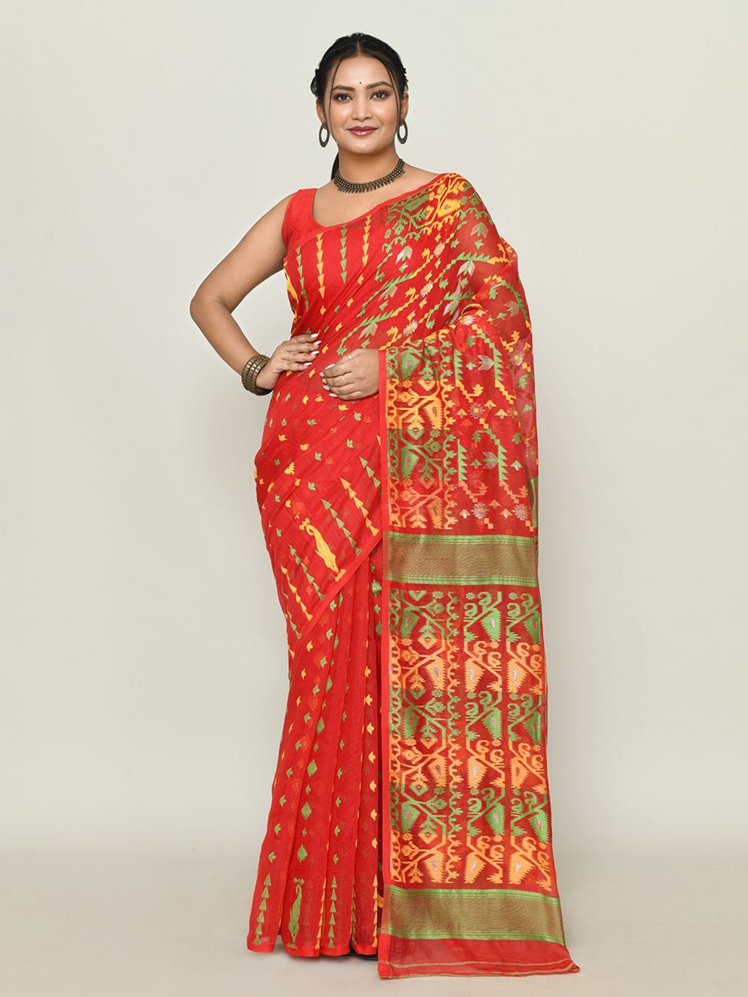 

SPRISH Ethnic Motifs Pure Cotton Jamdani Saree, Red