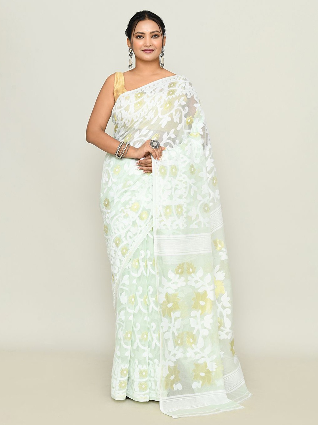 

SPRISH Ethnic Motifs Zari Pure Cotton Jamdani Saree, White
