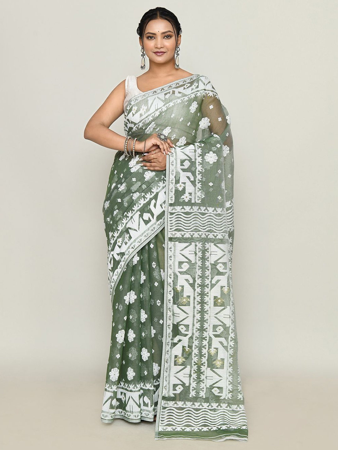 

SPRISH Woven Design Pure Cotton Jamdani Saree, Grey