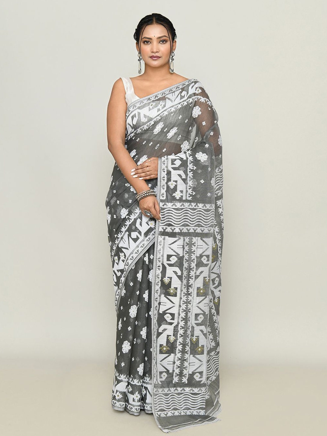 

SPRISH Ethnic Motifs Zari Pure Cotton Jamdani Saree, Charcoal